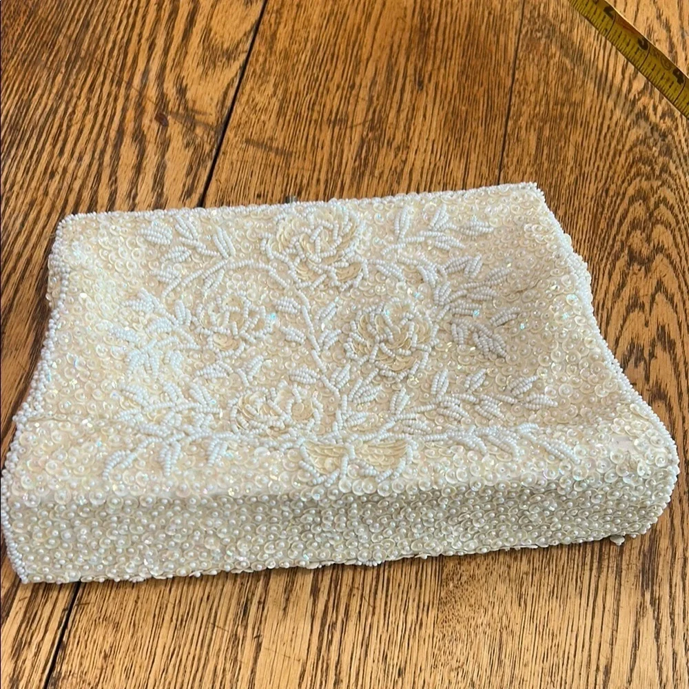 Vintage SHARONEE Elegant Cream Beaded Clutch Made In British Hong Kong 1960s